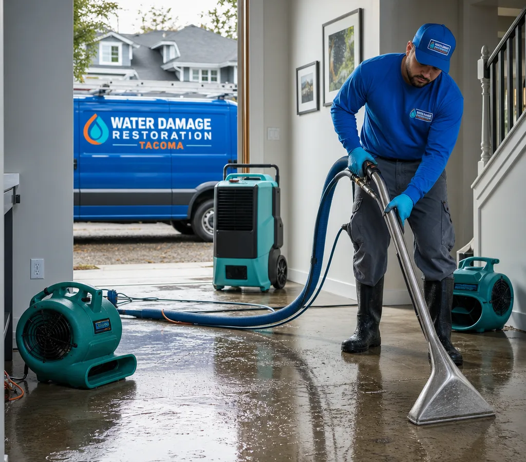 Technician extracting water from a wet floor in a Tacoma home with drying equipment nearby