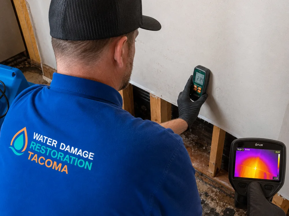 Moisture meter and thermal imaging camera mapping hidden water behind a wall