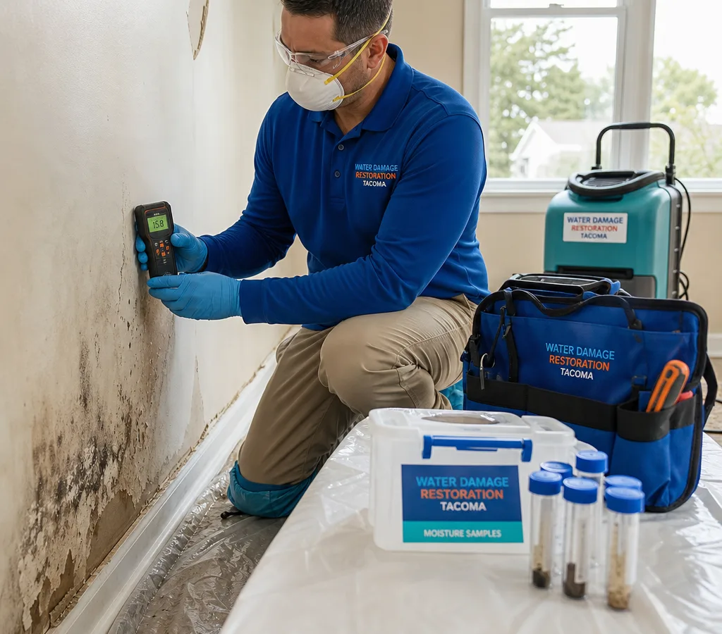 Certified inspector using a moisture meter at an interior wall in a Tacoma home with sampling supplies nearby